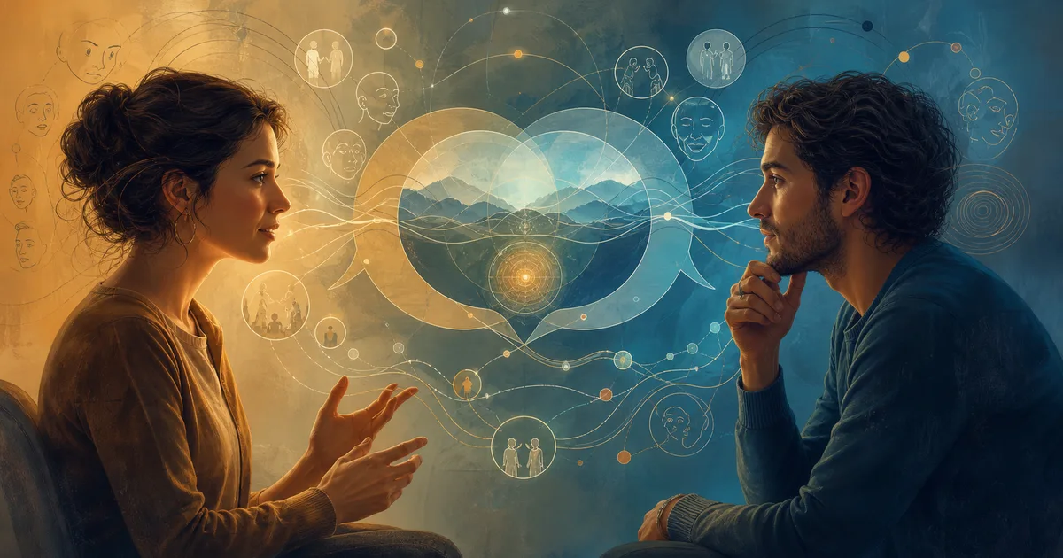 Duas pessoas conversando com símbolos de escuta, interpretação e comunicação consciente
