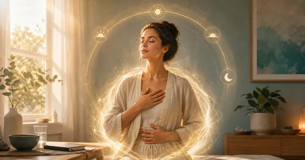 Pessoa em uma rotina matinal calma criando um campo luminoso de proteção energética
