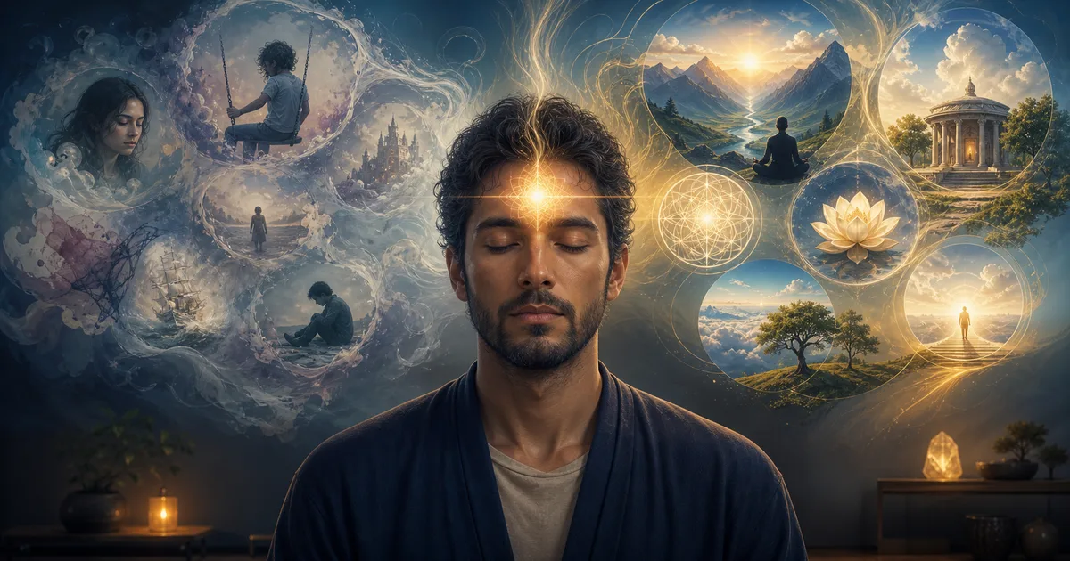 Pessoa em meditação com imagens mentais nebulosas de um lado e percepções espirituais claras do outro