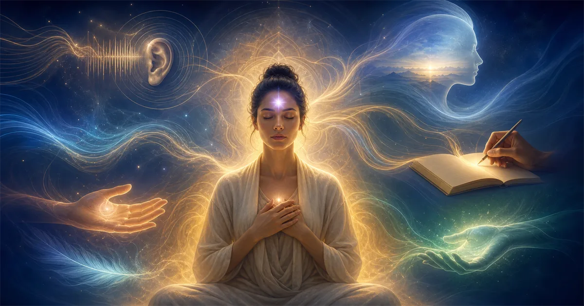 Pessoa em meditação com luz no terceiro olho e símbolos de diferentes formas de mediunidade ao redor