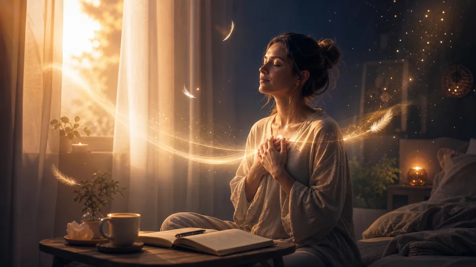 Pessoa em oração percebendo sinais luminosos e penas sutis ligados ao anjo da guarda