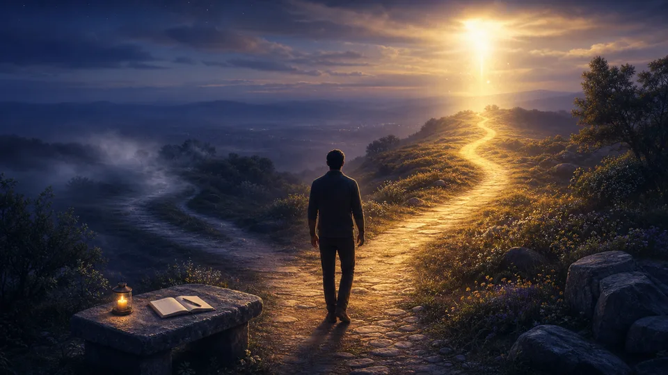 Pessoa diante de um caminho dourado simbolizando discernimento dos sinais angelicais