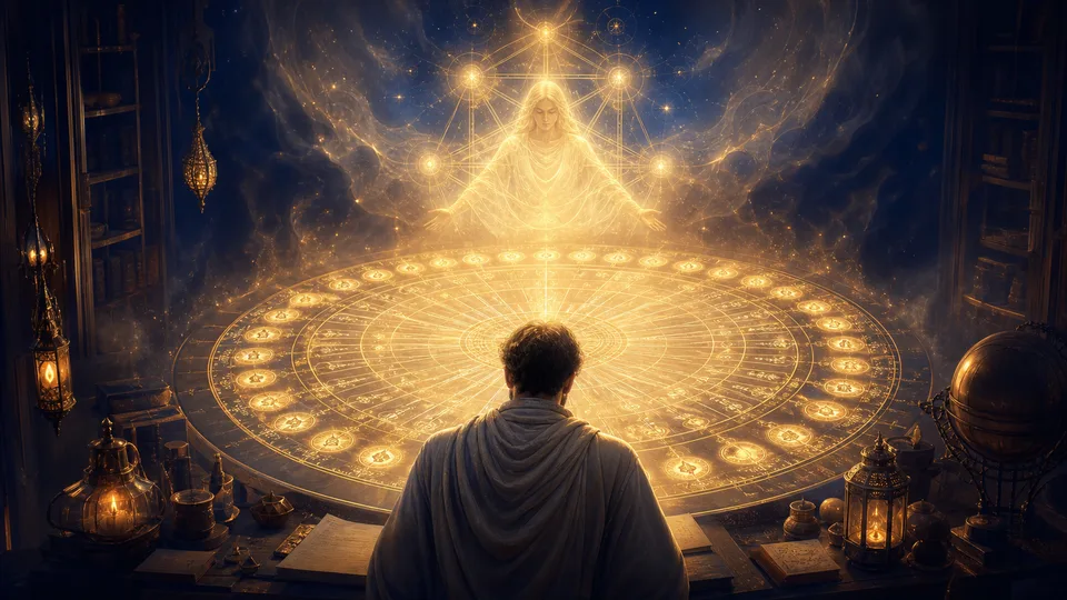 Pessoa estudando uma mandala luminosa dos 72 anjos cabalísticos diante de uma presença angelical dourada