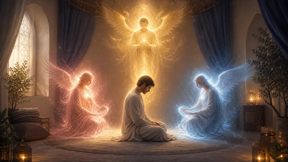 Três presenças angelicais luminosas ao redor de uma pessoa em oração representando espírito coração e ação