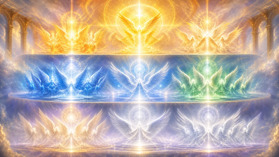 Nove coros angelicais organizados em três hierarquias de luz no céu espiritual