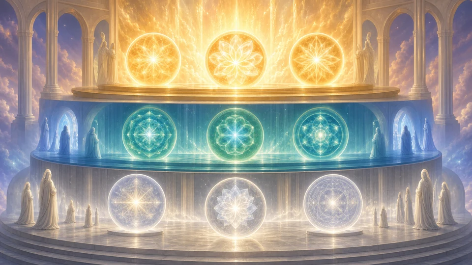 Três níveis luminosos representando as três hierarquias angelicais