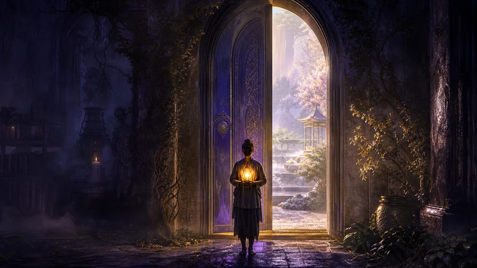 Pessoa diante de uma porta azul-violeta segurando uma luz dourada para representar abertura do terceiro olho com discernimento