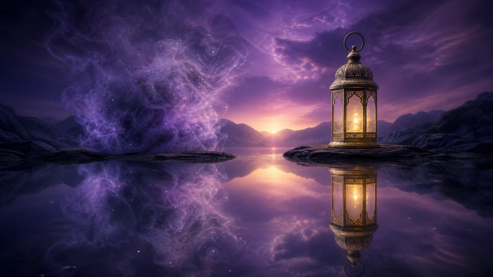 Lanterna refletida em água escura simbolizando medo transformado em discernimento espiritual