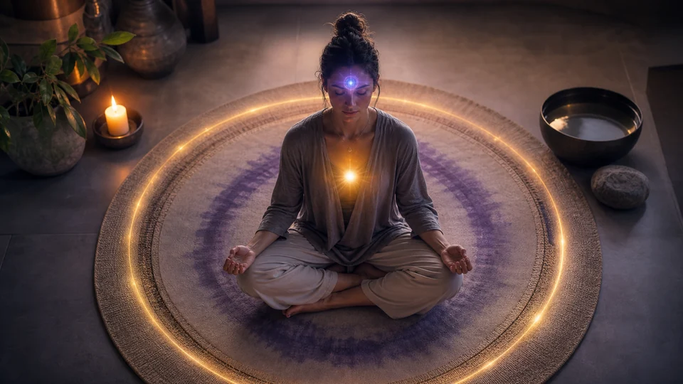 Pessoa meditando dentro de círculo dourado com luz no coração e no terceiro olho