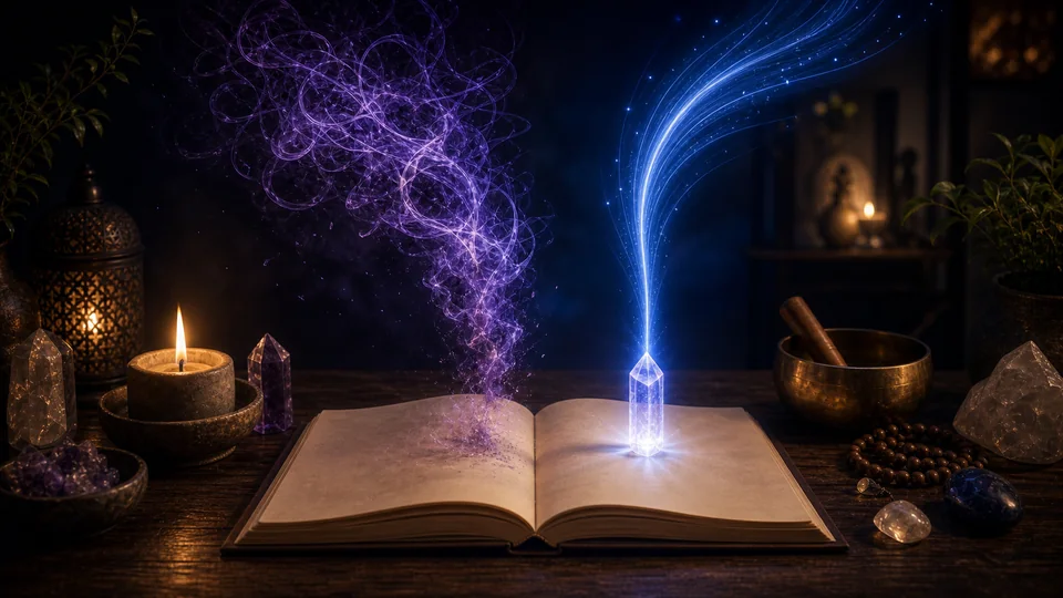 Diário espiritual com cristal e duas correntes de luz representando medo confuso e intuição clara