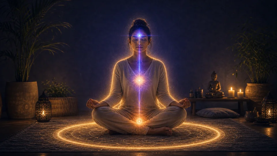 Pessoa meditando dentro de círculo dourado de proteção com eixo de luz entre corpo, coração e chakra frontal