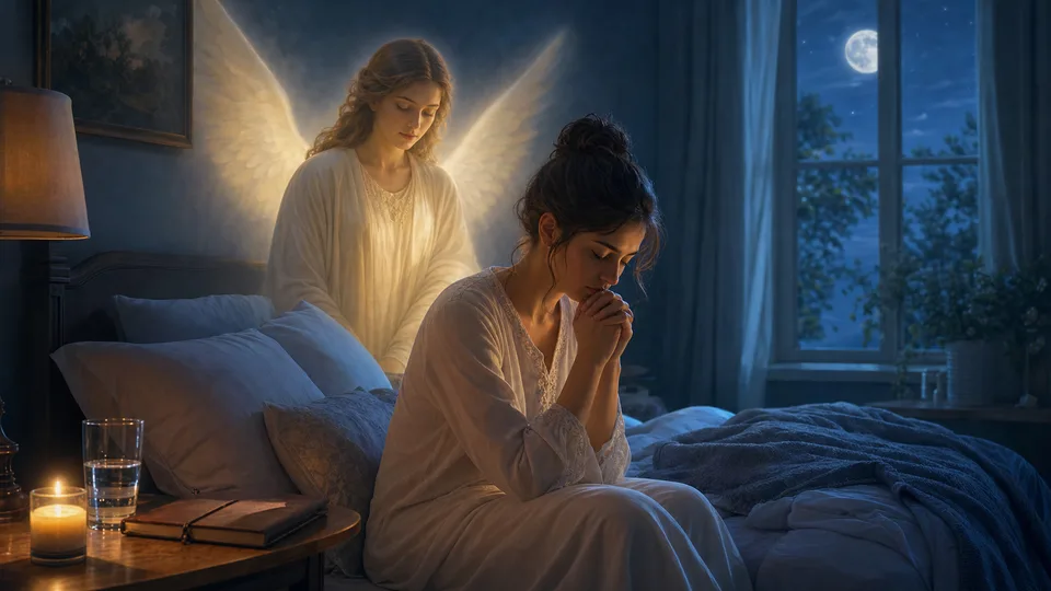 Pessoa orando ao anjo da guarda antes de dormir em quarto iluminado por lua e vela