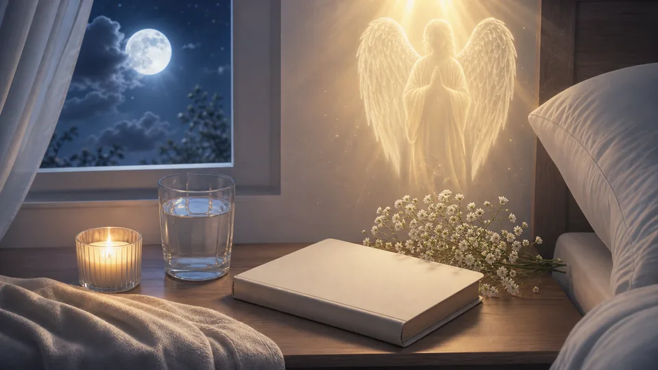 Mesa de cabeceira com vela, água e luz do anjo da guarda antes de dormir