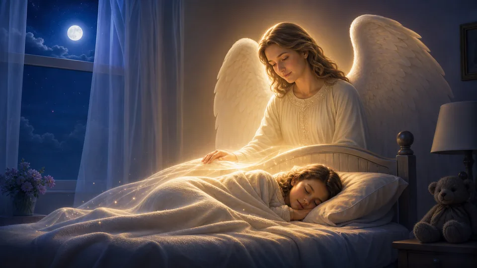 Pessoa dormindo em paz sob proteção luminosa do anjo da guarda