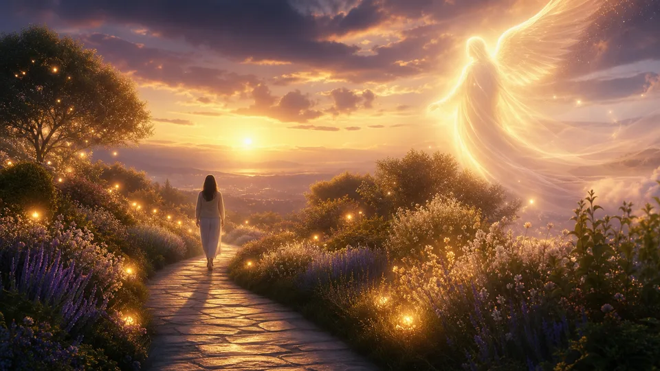 Pessoa caminhando por um jardim luminoso acompanhada pela presença espiritual do anjo da guarda