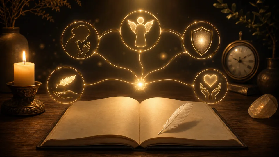 Diário espiritual com símbolos de oração, proteção, sinais e gratidão ligados ao anjo da guarda