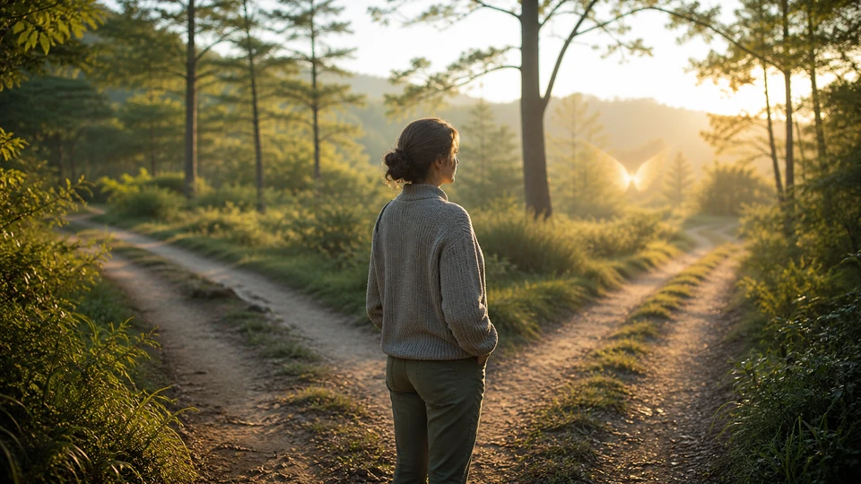 Pessoa diante de dois caminhos recebendo orientação espiritual representada por uma luz em forma de asas
