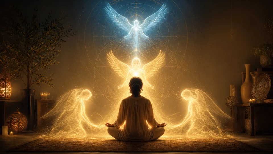 Pessoa meditando diante de três presenças angelicais ligadas ao corpo ao coração e ao espírito
