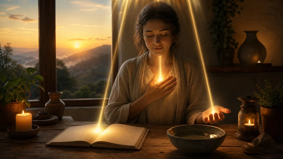 Pessoa em estudo espiritual recebendo três feixes de luz sobre caderno coração e mãos