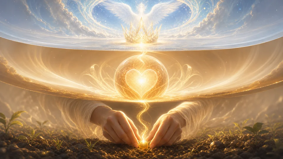 Três níveis de luz angelical conectando mãos coração e coroa espiritual