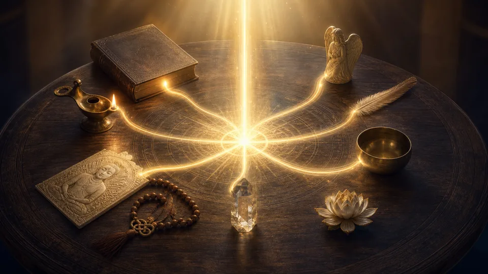 Mesa espiritual com objetos simbólicos e luz central representando diferentes visões sobre anjos