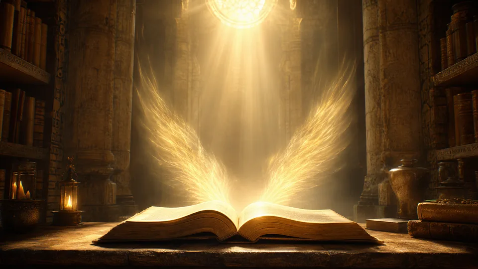 Livro sagrado aberto com asas de luz dourada representando a presença dos anjos