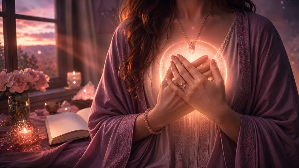 Mãos sobre o coração recebendo luz rosa-dourada em oração ao Arcanjo Chamuel