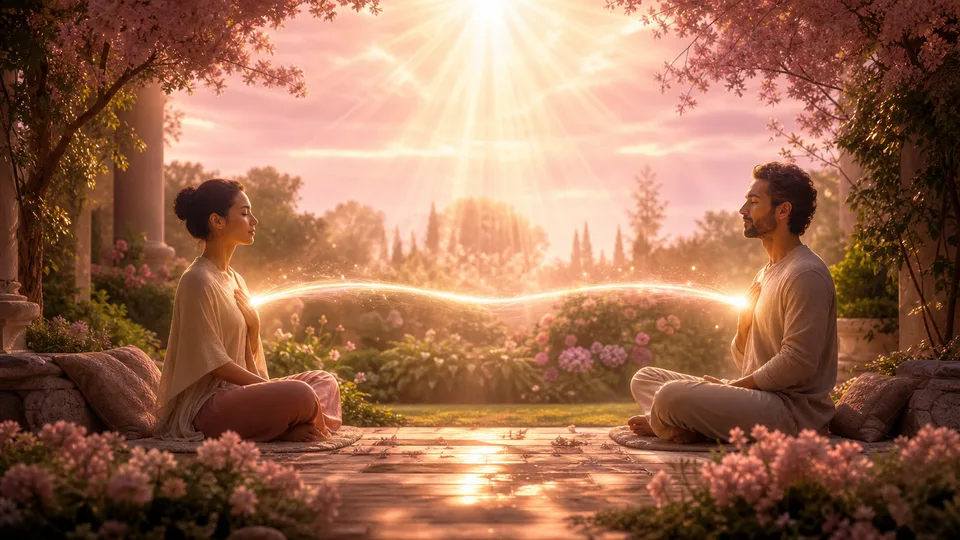 Duas pessoas em reconciliação envolvidas por luz rosa-dourada do Arcanjo Chamuel