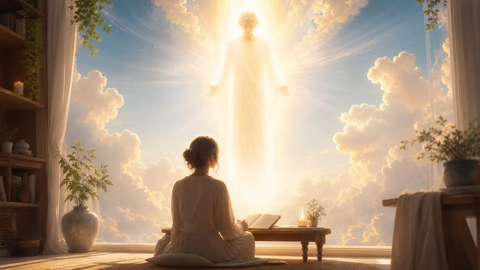 Presença luminosa do Arcanjo Gabriel trazendo clareza e mensagem espiritual a uma pessoa em oração