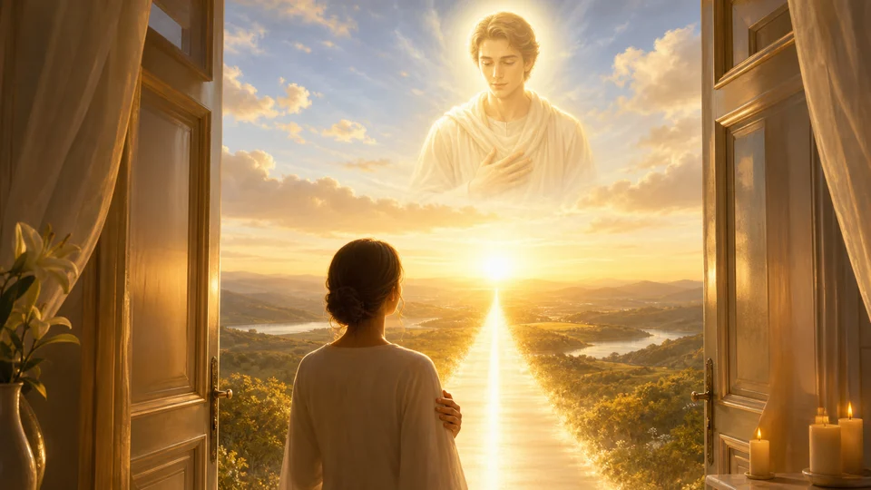 Pessoa diante de um caminho luminoso ao amanhecer representando conexão com Arcanjo Gabriel e propósito