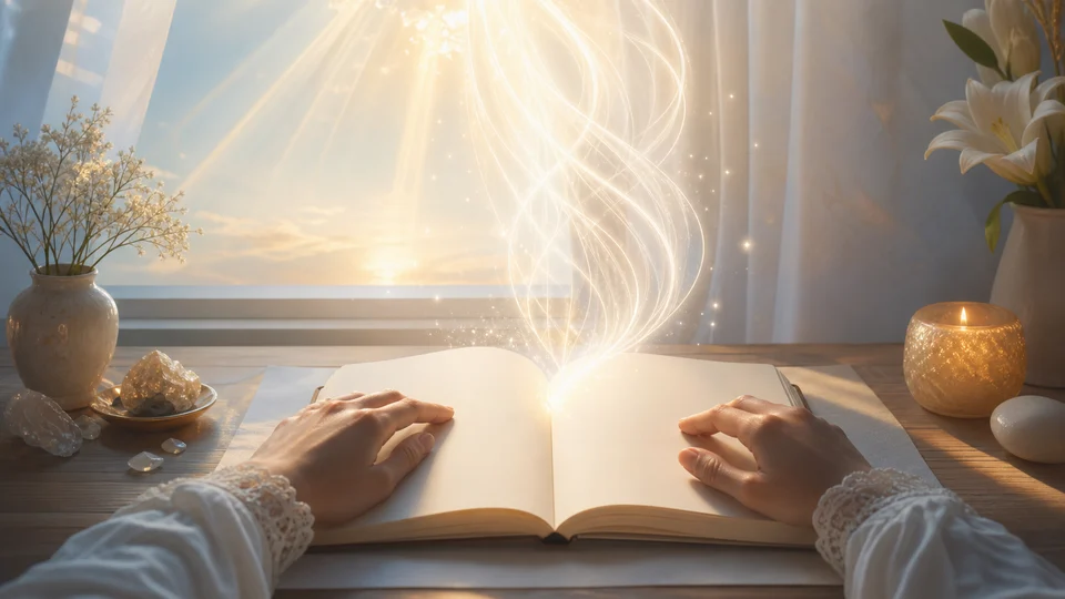 Luz dourada descendo sobre um diário em branco para representar mensagens do Arcanjo Gabriel