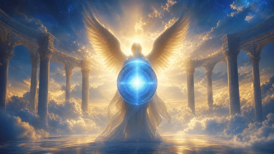 Presença luminosa azul do Arcanjo Miguel envolvendo uma pessoa em proteção espiritual