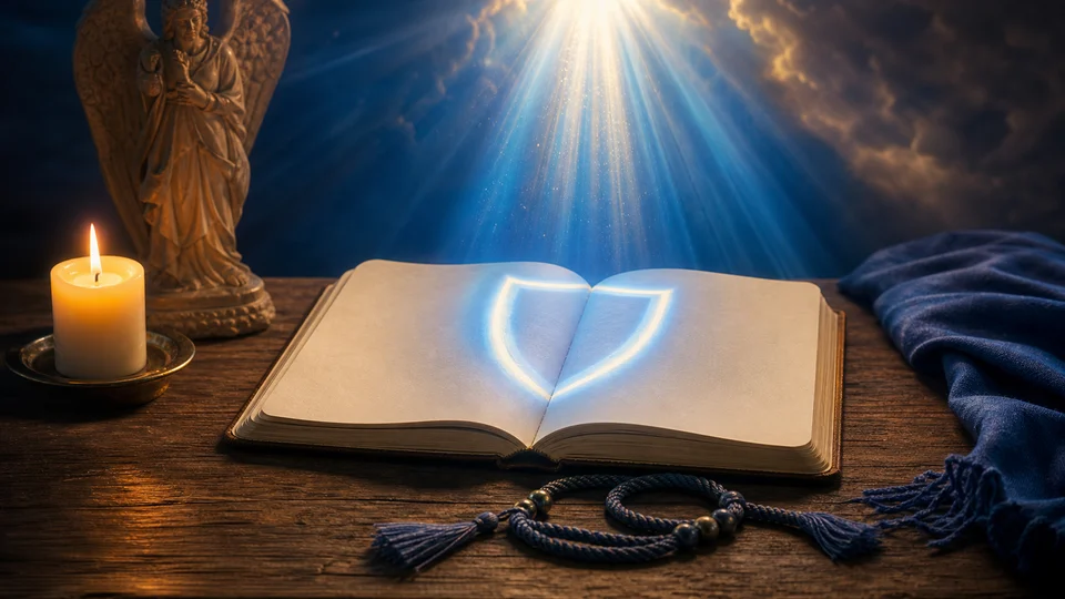 Caderno aberto, vela acesa e escudo de luz azul representando orações ao Arcanjo Miguel