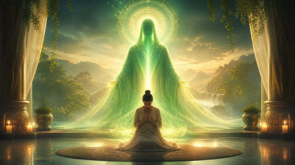 Presença luminosa verde do Arcanjo Rafael envolvendo uma pessoa em oração e cura espiritual