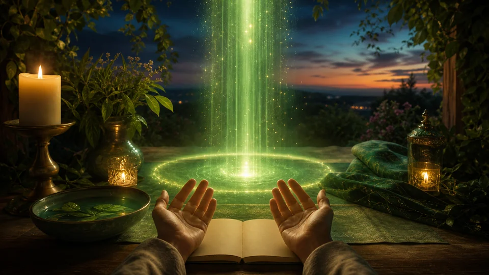 Mãos abertas diante de luz verde em um altar simples para invocar o Arcanjo Rafael