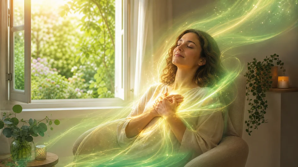 Pessoa recebendo luz verde e dourada em um ambiente tranquilo de cura espiritual