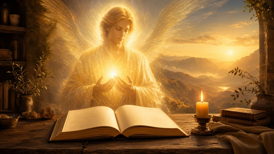 Presença luminosa dourada do Arcanjo Uriel iluminando um livro aberto e um caminho de sabedoria