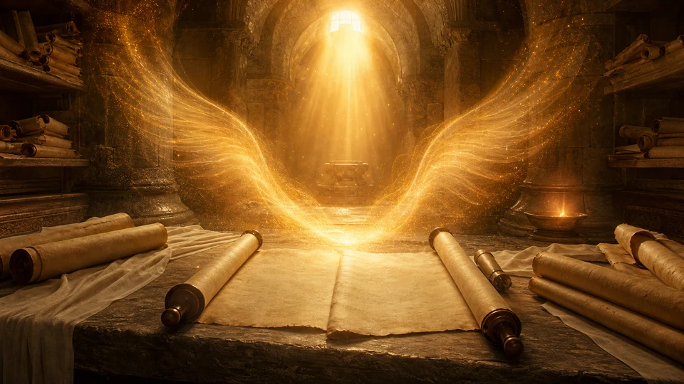Luz dourada de Uriel iluminando pergaminhos e livros antigos sobre sabedoria angelical