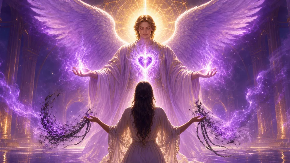 Presença luminosa violeta do Arcanjo Zadkiel transmutando correntes escuras em luz espiritual