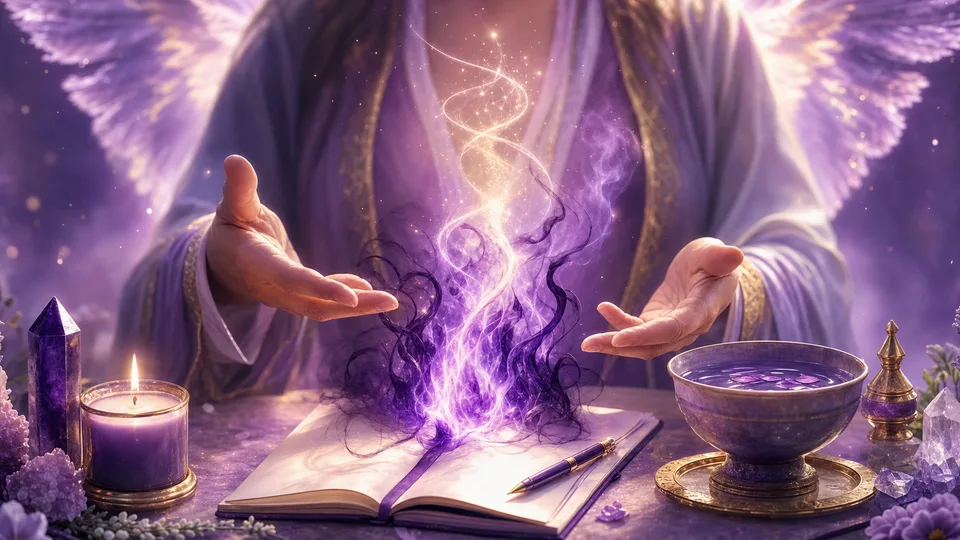 Mãos em oração com chama violeta transmutando fumaça escura em luz dourada espiritual
