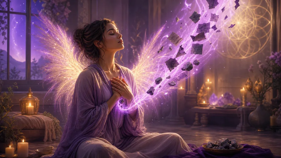 Pessoa em oração liberando culpa e mágoas em luz violeta ligada ao Arcanjo Zadkiel