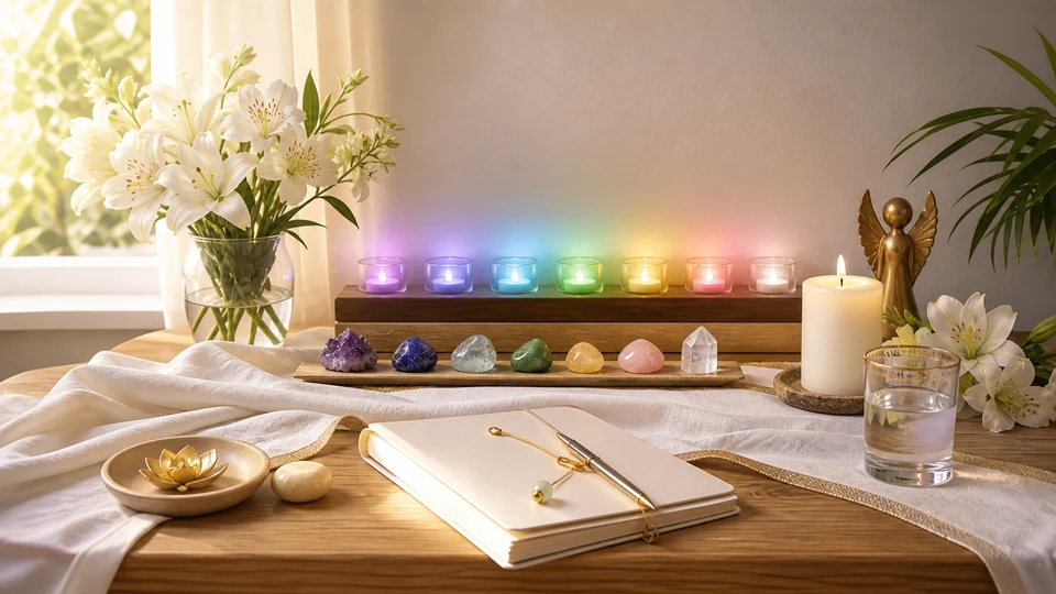 Altar simples para oração aos arcanjos com vela, flores, água, cristais e caderno espiritual