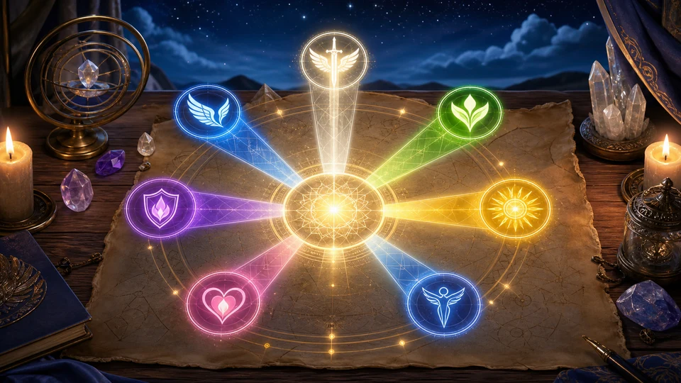 Mapa espiritual com sete raios luminosos representando as missões dos arcanjos