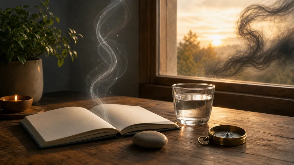 Caderno em branco, água e bússola em mesa iluminada para discernimento energético