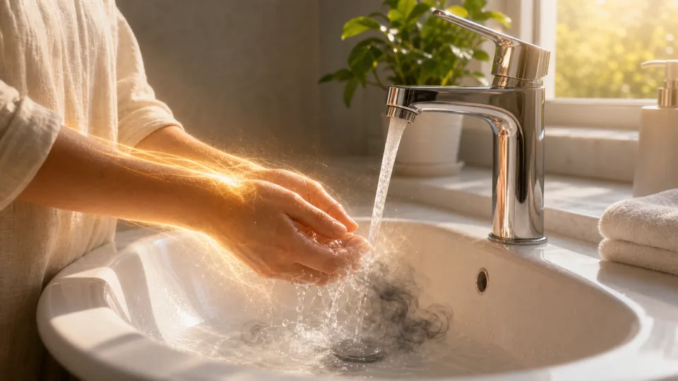 Mãos sob água corrente com luz dourada enquanto energia densa se desfaz