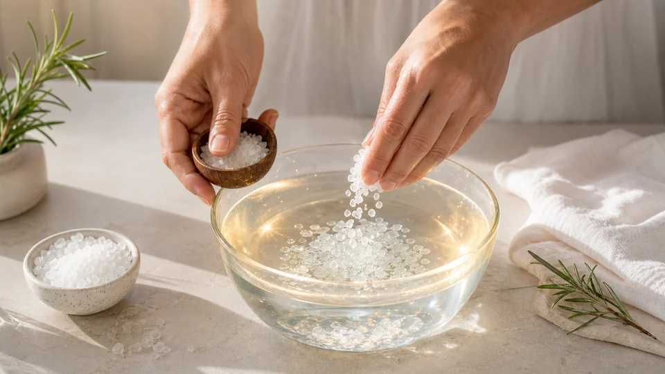 Mãos preparando água com sal grosso para banho de limpeza espiritual