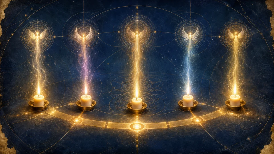 Cinco luzes angelicais representando um ciclo de virtudes no calendário cabalístico