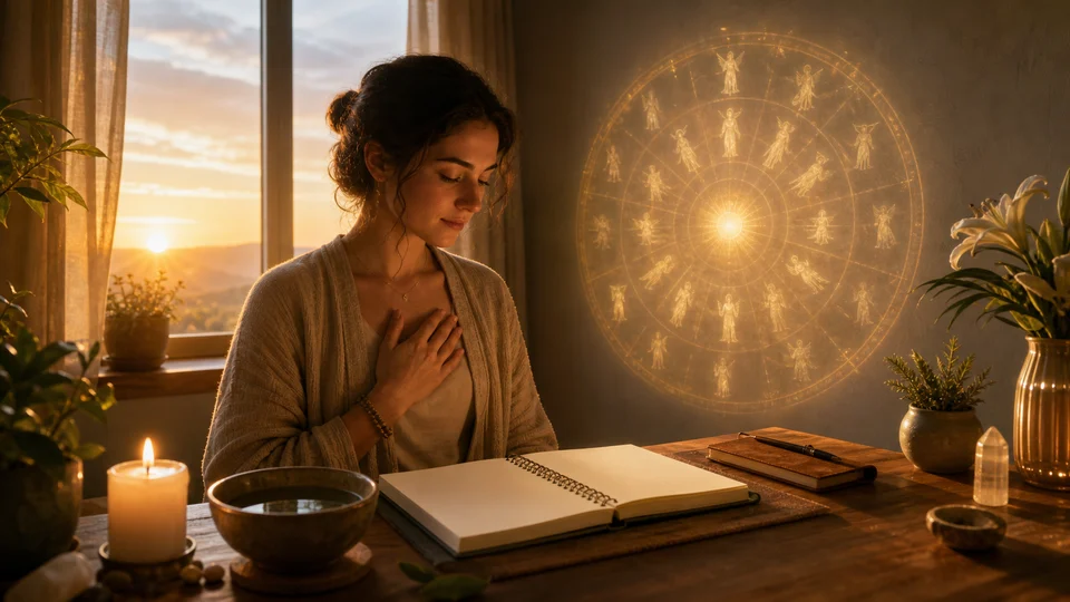 Pessoa em prática espiritual diante de caderno em branco e calendário angelical luminoso