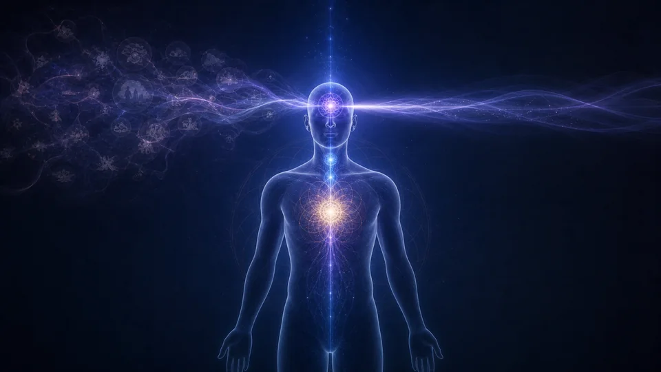 Silhueta humana com eixo luminoso entre coração, garganta e chakra frontal para organizar atenção e percepção espiritual