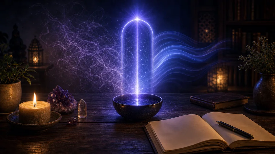 Portal de luz azul-violeta sobre uma taça de água e diário em branco para representar intuição e discernimento espiritual